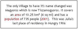 Text Box: The only Village to have it's name changed was Magyoros which is now Tiszamogyoros. It covers an area of 10.25&nbsp;km2 (4&nbsp;sq&nbsp;mi) and has a population of 735 people (2001).&nbsp; This was Julia's last place of residency in Hungry 1906
